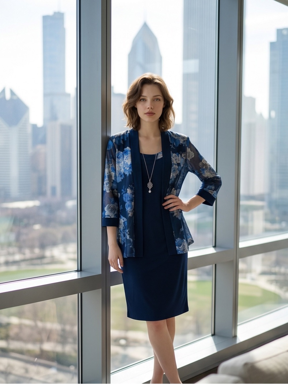 R&M Richards Navy Blue Floral Open-Front Jacket and Dress Set